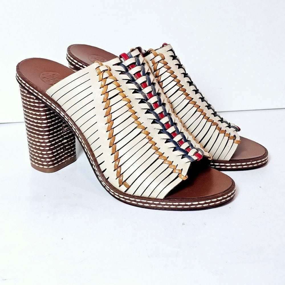 Tory Burch Pecha Woven Leather Stitched Block Heel Mules 8 LIKE NEW!